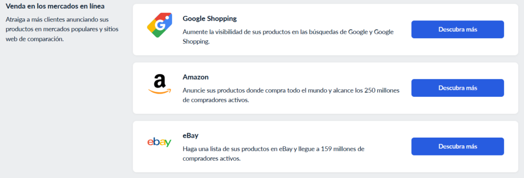 Selecciona los marketplaces a los que deseas conectar tu tienda Ecwid