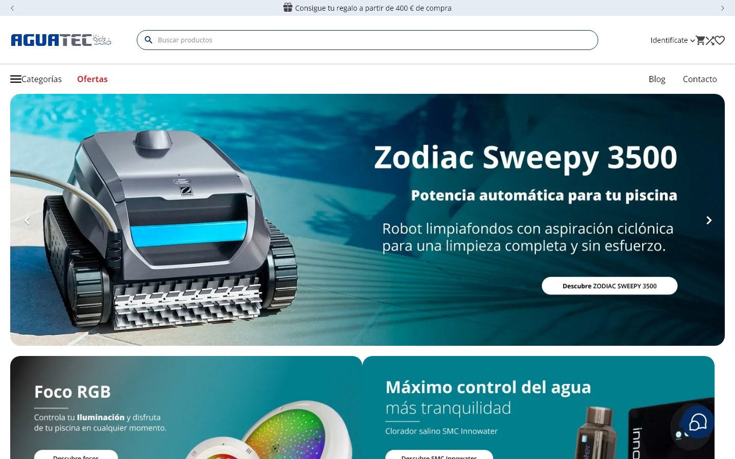 Captura de la home de Aguatec Piscinas, tienda hecha con PrestaShop