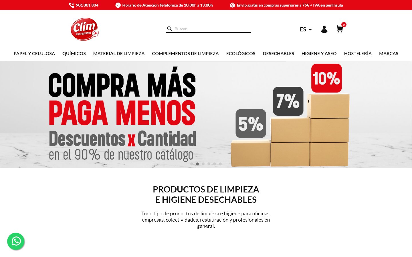 Captura de la home de Clim Profesional, tienda hecha con PrestaShop
