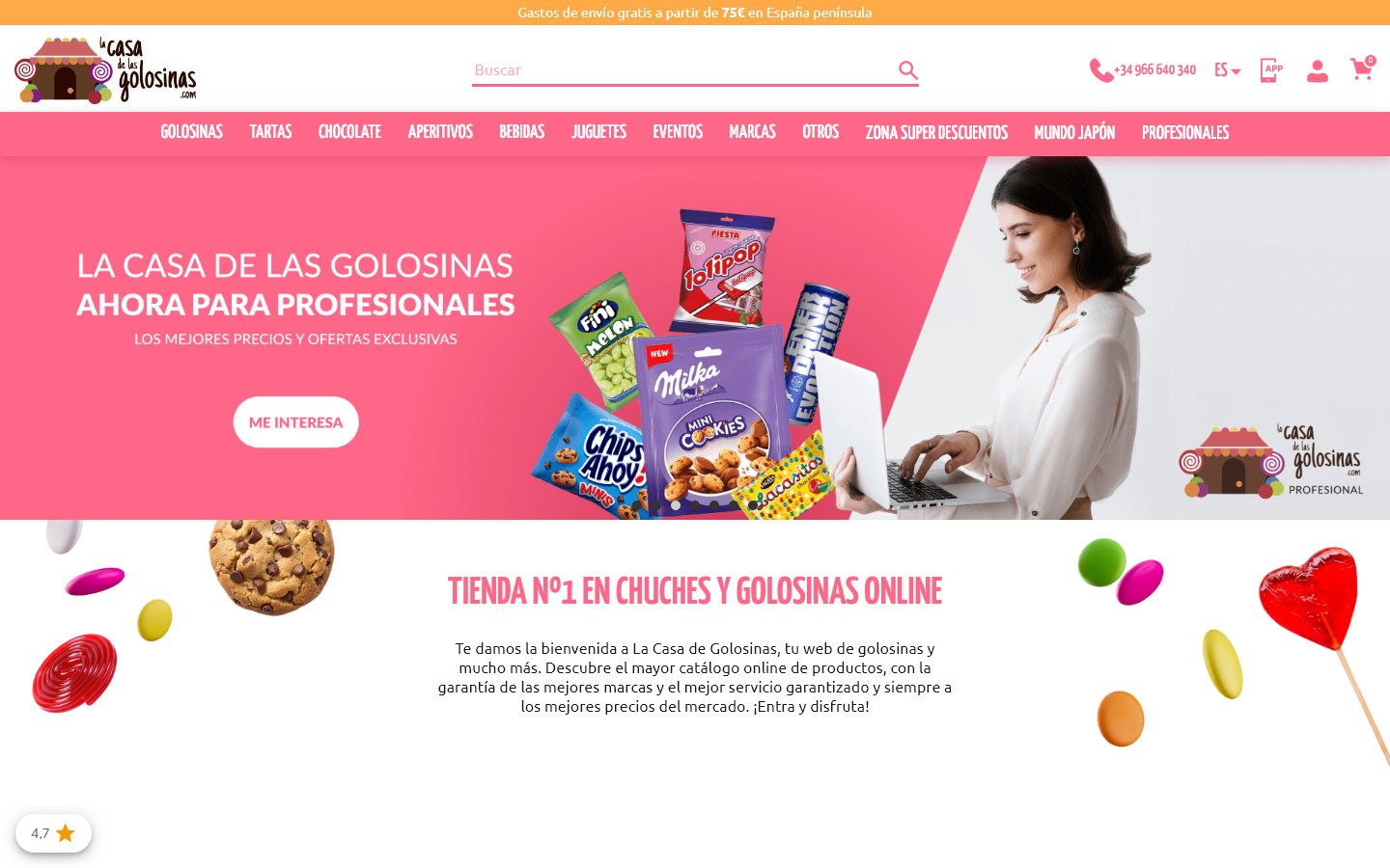 Captura de la home de La Casa de las Golosinas, tienda hecha con PrestaShop
