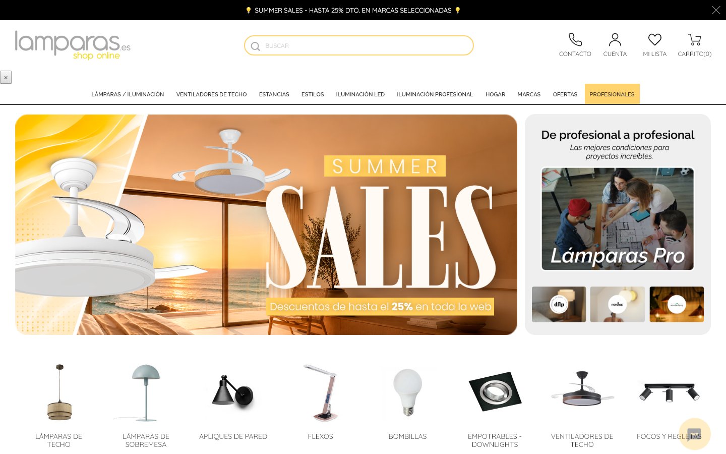 Captura de la home de Lamparas.es, tienda hecha con PrestaShop