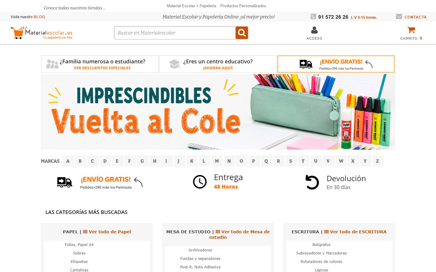 Captura de la home de Material Escolar, tienda hecha con PrestaShop