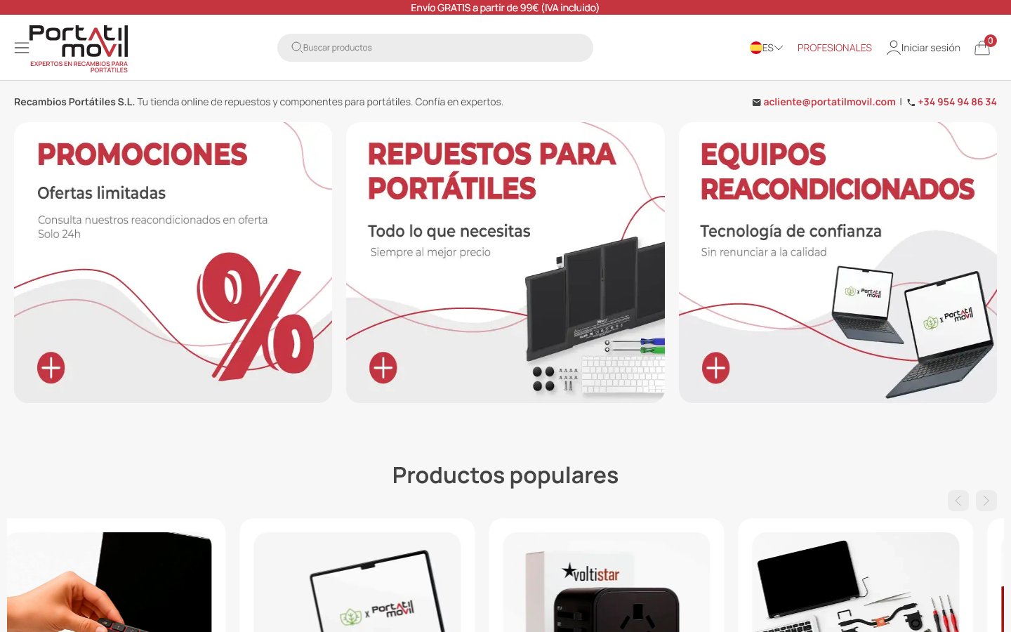 Captura de la home de Portátil Móvil, tienda hecha con PrestaShop