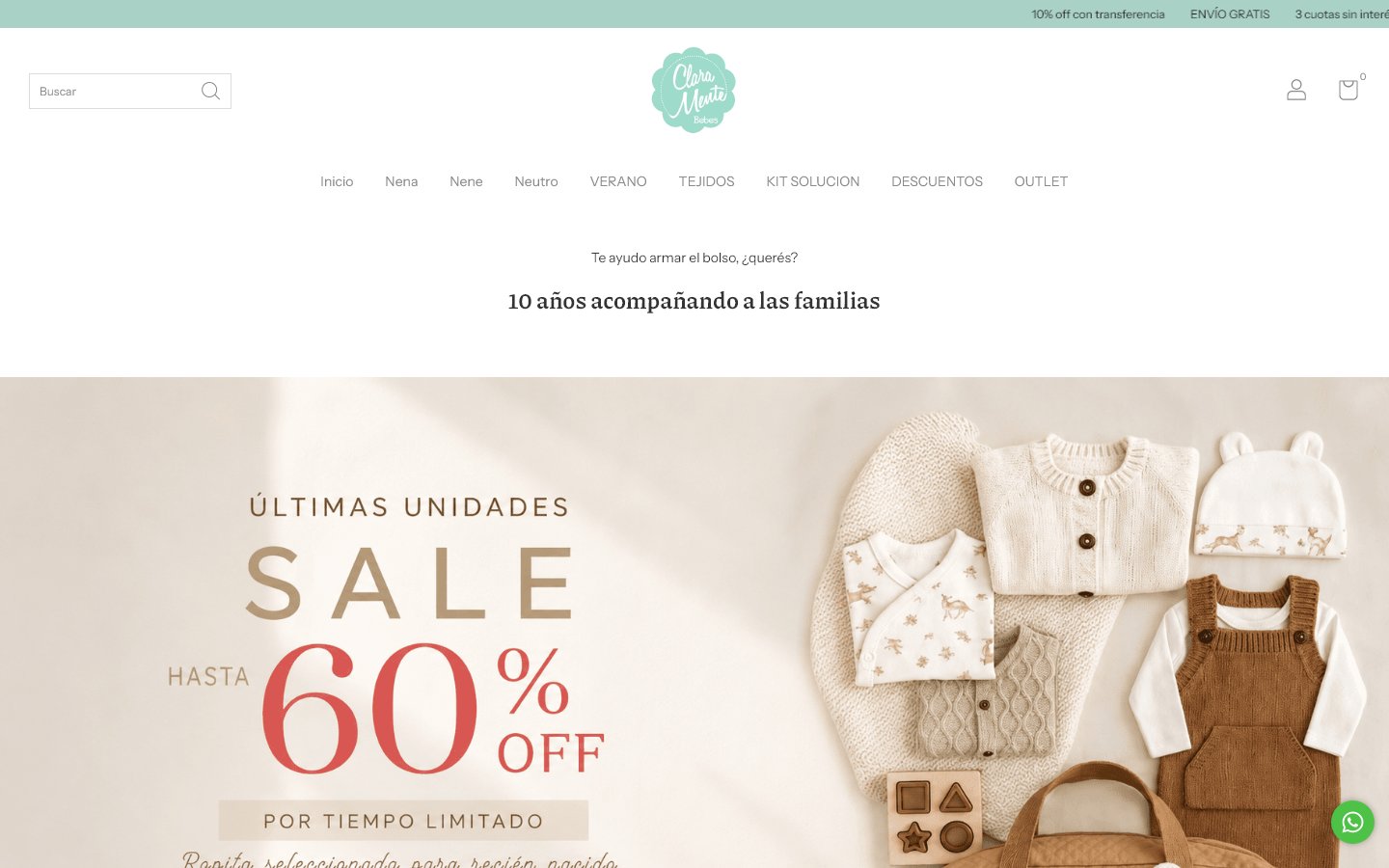 Captura de la home de Claramente Bebés, tienda hecha con Tiendanube